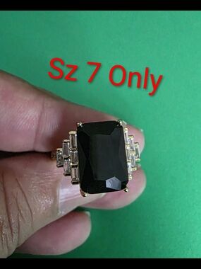 14k Gold Plated Black Statement Cocktail Ring with Clear Accent Stones - Size 7